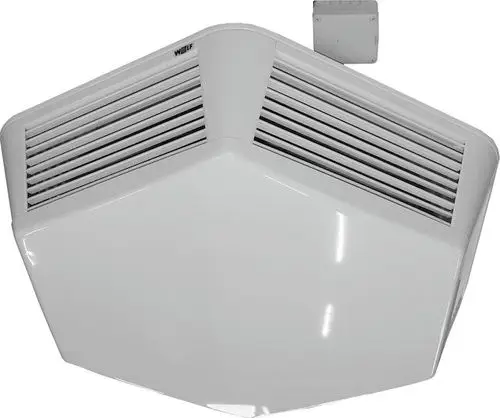 Deckenausblaselement in Weiß von Wolf mit einem sechseckigen Design und horizontalen Luftauslässen, montiert an der Decke.